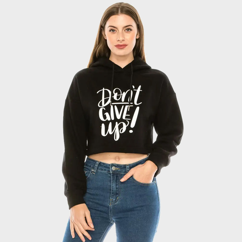 NEVER GIVE UP Drop Shoulder Cropped Hoodie