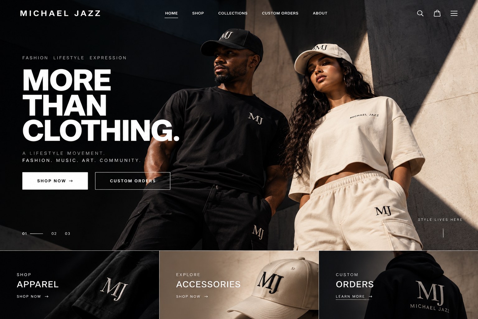 Michael Jazz fashion campaign: two models in black and cream MJ clothing, More Than Clothing, and three collections